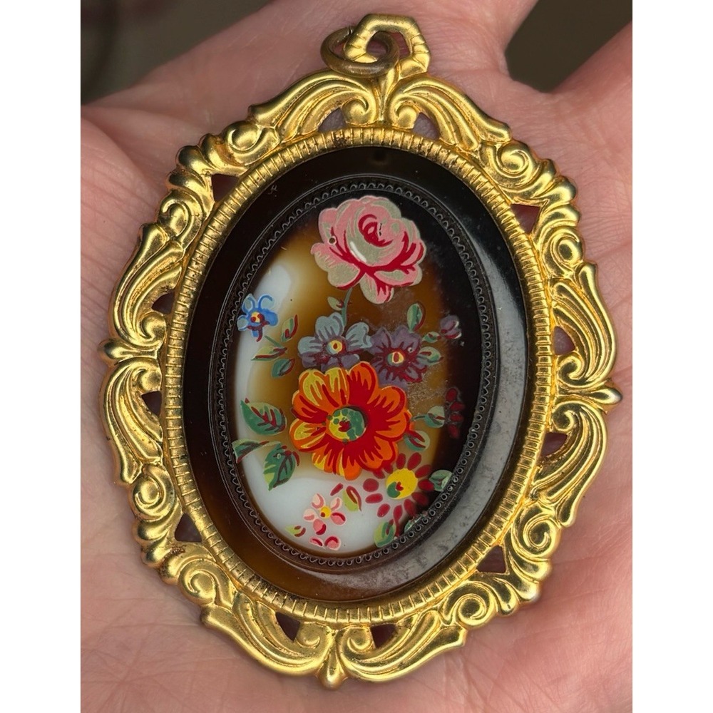 Vintage Floral Pendant Gold Tone Ornate Victorian Revival Statement 2.75"